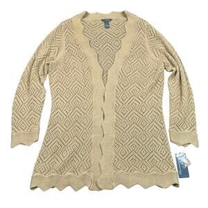 NWT Hillard & Hanson Tan Pointelle Open Cardigan Scalloped Hem Lightweight - 1X